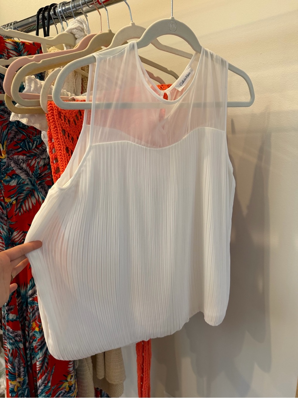 Calvin Klein White Pleated Sleeveless Mesh Yoke Camisole